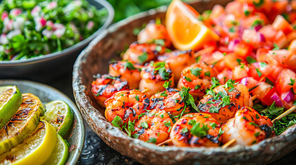 Wall Mural - Grilled shrimp skewers being served on a rustic plate with grilled limes and salad