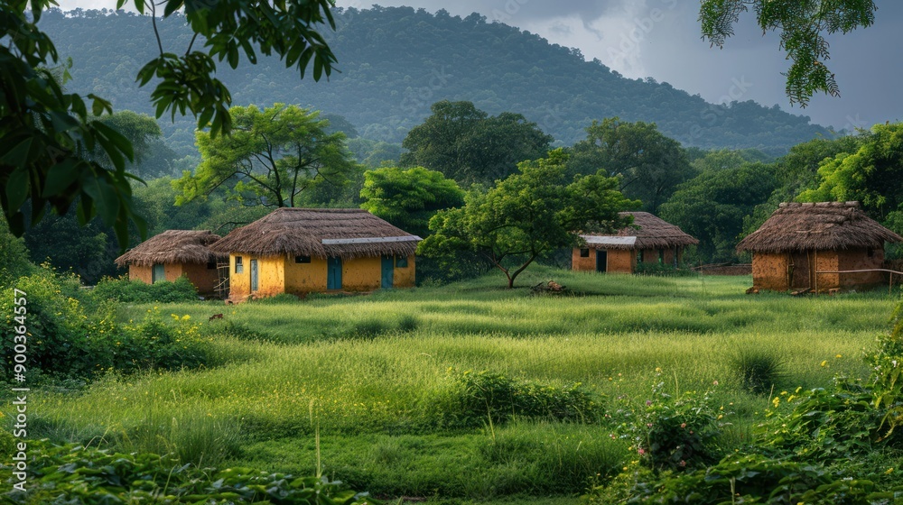 A serene image of a rural Indian village with mud huts, traditional ...