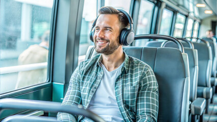 Wall Mural - Young man in headphones riding on bus and listening to music in headphones