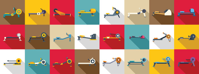 Sticker - Rowing Machine icons set. Rowing machine icon set in flat style showing different types of cardio workout equipment