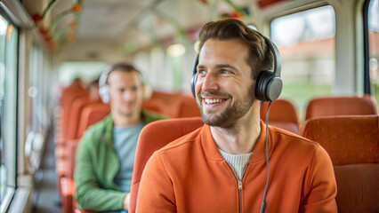 Wall Mural - Portrait of smiling man listening to music with headphones in public transport