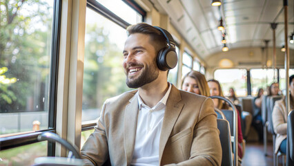 Wall Mural - Businessman listening to music with headphones in public transport. Smiling man in earphones sitting in public transport and looking at camera.