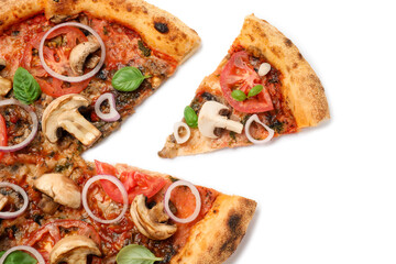 Wall Mural - Tasty pizza with basil, mushrooms, onion and tomato isolated on white, top view