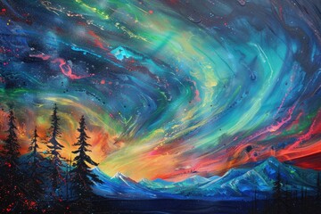 Wall Mural - painting of colorful galaxy with stars, brilliant display of Northern Lights dancing across the sky