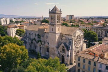 Poster - Aerial view of a church with a clock tower, suitable for use in architecture or cityscape illustrations