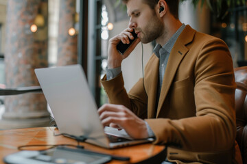 Fototapete - businessman multitasking, typing on his laptop while taking phone call