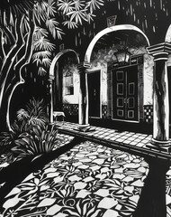 Wall Mural - Simple realistic black and white linocut portrait in a mexican villa