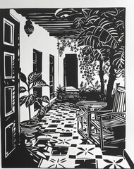 Simple realistic black and white linocut portrait in a mexican villa