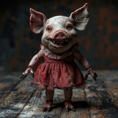 Small vampire pig with large fangs in a red dress standing on two feet horror dark themes distressed scary frighting