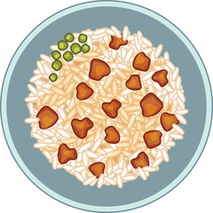 Sticker - Steaming plate of rice topped with peas, carrots, and meat, perfect for a delicious and satisfying meal