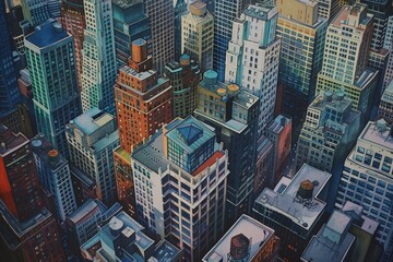 Poster - painting of city with lots of tall buildings, bustling cityscape captured from above