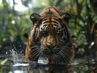 Wall Mural - Tiger finding prey camera shot from a little distance live action highest quality highest quality masterpiece