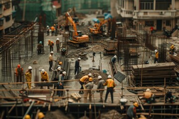 Poster - group of construction workers working on building, Construction site with workers installing roofing materials