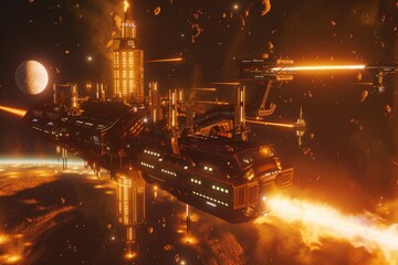 Poster - spaceship flying through space with planet in the background, bustling space station orbiting distant, glowing gas giant