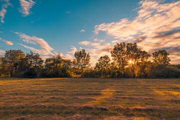 Wall Mural - abstract sun rays sunset field landscape of freshly cut grass meadow warm golden hour sunset sky clo