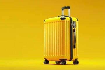 Poster - A bright yellow suitcase on wheels against a plain yellow background, ideal for travel and adventure themed projects