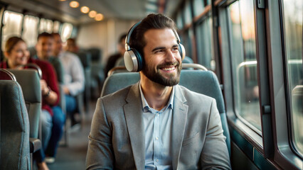 Poster - Businessman listening to music on headphones while traveling by bus with his colleagues