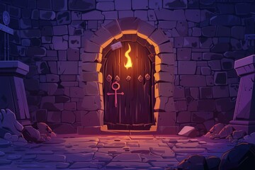 Poster - A wooden door set in a stone wall with a lit candle providing warm light