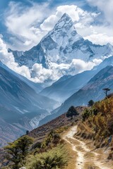 Poster - Dirt path winding its way up a mountain, with a snowy peak visible in the distance