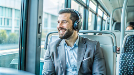 Canvas Print - Businessman in the bus with headphones listening to music and smiling.