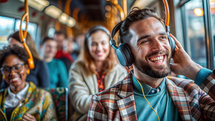 Canvas Print - Group of happy people riding a tram and listening to music with headphones