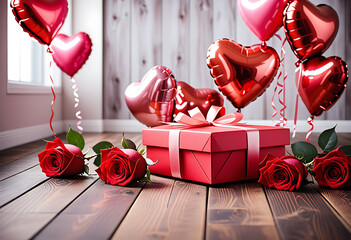 Wall Mural - valentine day setup heart balloons gift box roses wooden floor celebration concept high resolution high details vibrant