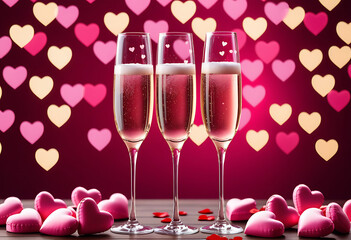 Wall Mural - champagne glasses surrounded pink hearts valentine day love celebration high resolution high details vibrant