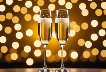 Wall Mural - champagne glasses golden bubbles bokeh background valentine celebration concept high resolution high details vibrant