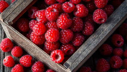 Wall Mural - Red raspberries in a wooden box.