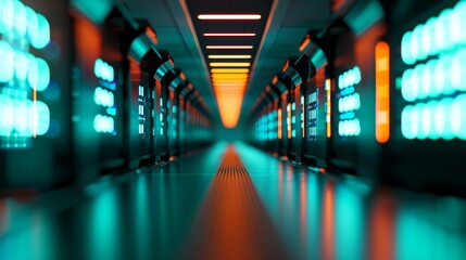 Wall Mural - Techno-Futuristic Data Center Corridor with Illuminated Servers and Abstract Data Flow Graphics