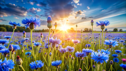 Field of blue cornflowers at sunset