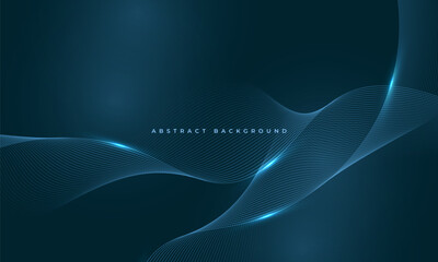 Poster - Glowing blue wavy lines on abstract technology dark blue background. Digital hi-tech vector illustration with particle striped wave lines