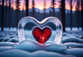 Wall Mural - frosted heart ice cube twilight forest background romantic solitude concept high resolution high details vibrant