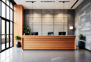 Wall Mural - modern lobby wooden reception desk minimalist design gray stone walls large windows high resolution high details vibrant