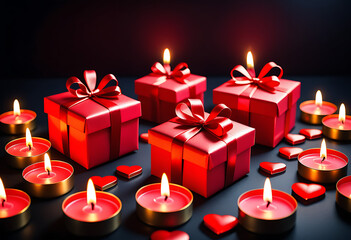 Wall Mural - festive red gifts floating hearts candles dark background valentine day celebration high resolution high details vibrant