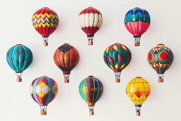 Poster - group of hot air balloons are shown, collection of brightly colored hot air balloons against white background