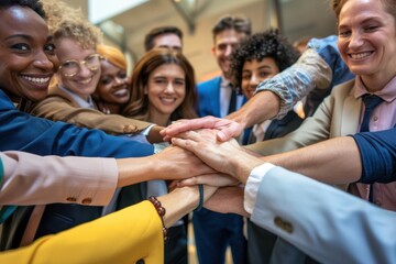 Wall Mural - Business professionals place their hands together in a show of unity and collaboration, shared commitment to success in a corporate environment.