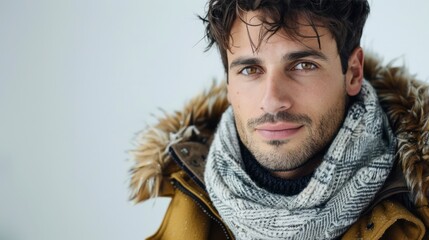 Wall Mural - A man in a winter coat and scarf, looking cozy and warm against a white background, showcasing winter fashion