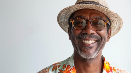 Wall Mural - A man in a summer outfit, smiling brightly against a white background, capturing the essence of warm weather