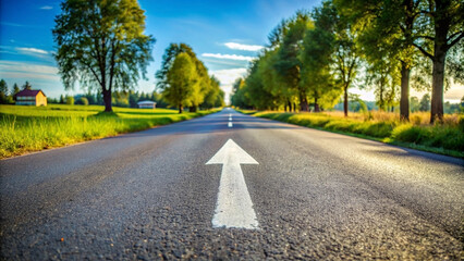 Wall Mural - quiet rural road with a clear direction arrow painted on the asphalt, symbolizing simple, everyday choices in a countryside setting.