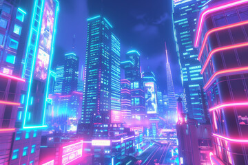 Wall Mural - A vibrant futuristic city at night illuminated by neon lights