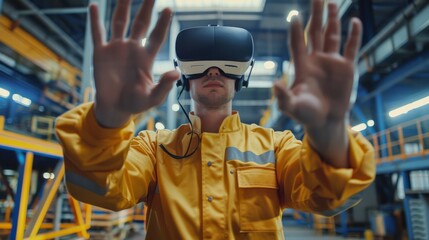 Poster - A man in a yellow jacket is wearing a virtual reality headset