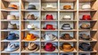 © Wanlop - A tidy closet shelf features a diverse assortment of stylish hats, neatly arranged and organized by type and color scheme.