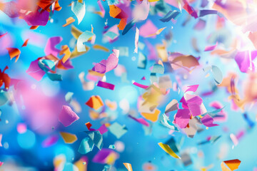 Canvas Print - A vibrant image of colorful confetti falling against a blue background