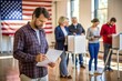 © Tekin - Male voter with bulletin in hands comes to voting booth. American citizens come to vote in polling station. Political races of US presidential candidates. National Election Day in the United States.