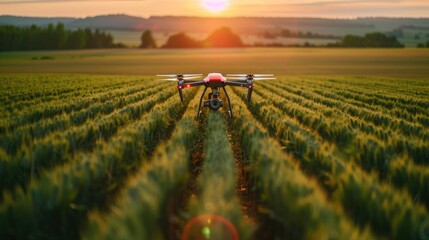 The future of farming: drones flying over fields, optimizing crop growth and increasing yields