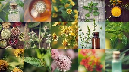 Wall Mural - Homeopathy in small jars. Herbal extract. Selective focus. Generative AI,