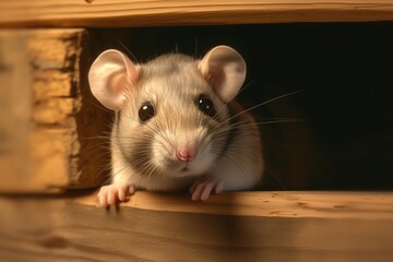 Poster - A cute mouse looks out of a wooden box