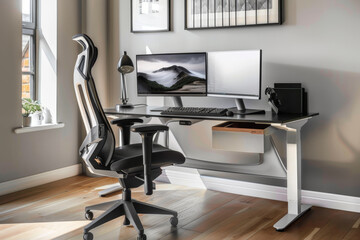 Poster - desk with computer and chair, contemporary home office setup with sleek desk, ergonomic chair, and dual monitor setup