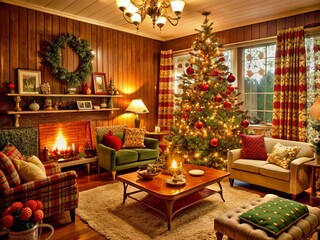 Cozy 1970s living room festive with Christmas tree, decorations, and vintage furnishings, capturing the warm and nostalgic essence of a retro holiday gathering.